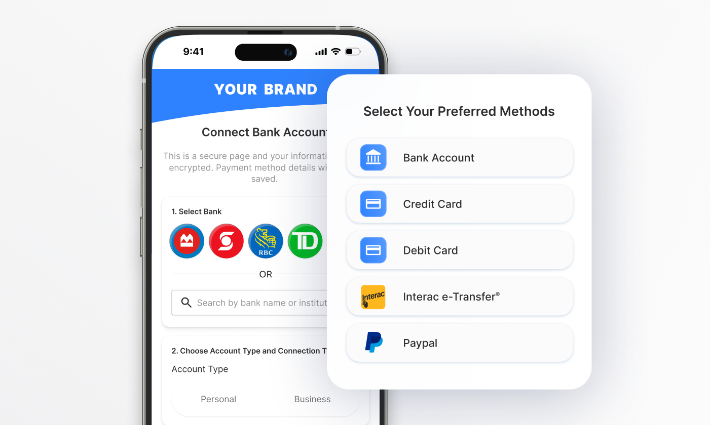 A white label eLinx payment link shown on a phone and a desktop, branded with a business logo and colors.